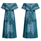 Cyan New Zealand Kawakawa Maori Ngaru Couples Matching Off Shoulder Maxi Dress and Long Sleeve Button Shirt
