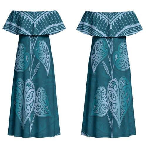 Cyan New Zealand Kawakawa Maori Ngaru Couples Matching Off Shoulder Maxi Dress and Long Sleeve Button Shirt