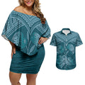 Cyan New Zealand Kawakawa Maori Ngaru Couples Matching Off Shoulder Short Dress and Hawaiian Shirt