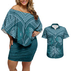 Cyan New Zealand Kawakawa Maori Ngaru Couples Matching Off Shoulder Short Dress and Hawaiian Shirt