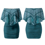 Cyan New Zealand Kawakawa Maori Ngaru Couples Matching Off Shoulder Short Dress and Hawaiian Shirt
