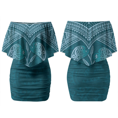 Cyan New Zealand Kawakawa Maori Ngaru Couples Matching Off Shoulder Short Dress and Hawaiian Shirt