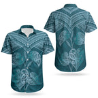 Cyan New Zealand Kawakawa Maori Ngaru Couples Matching Off Shoulder Short Dress and Hawaiian Shirt