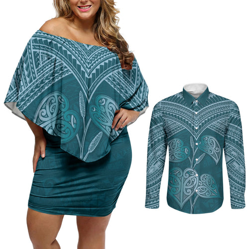 Cyan New Zealand Kawakawa Maori Ngaru Couples Matching Off Shoulder Short Dress and Long Sleeve Button Shirt