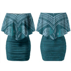 Cyan New Zealand Kawakawa Maori Ngaru Couples Matching Off Shoulder Short Dress and Long Sleeve Button Shirt