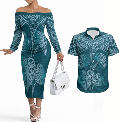Cyan New Zealand Kawakawa Maori Ngaru Couples Matching Off The Shoulder Long Sleeve Dress and Hawaiian Shirt