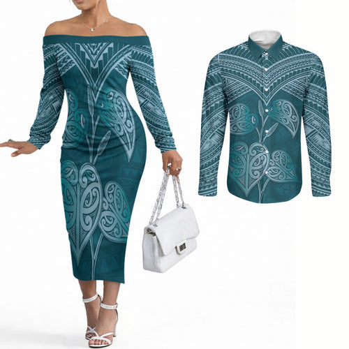 Cyan New Zealand Kawakawa Maori Ngaru Couples Matching Off The Shoulder Long Sleeve Dress and Long Sleeve Button Shirt