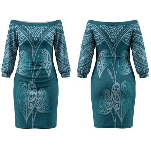 Cyan New Zealand Kawakawa Maori Ngaru Couples Matching Off The Shoulder Long Sleeve Dress and Long Sleeve Button Shirt