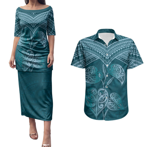 Cyan New Zealand Kawakawa Maori Ngaru Couples Matching Puletasi and Hawaiian Shirt