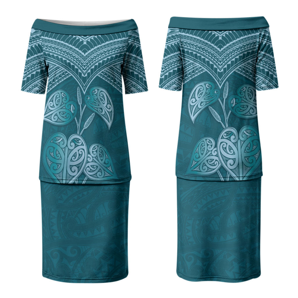 Cyan New Zealand Kawakawa Maori Ngaru Couples Matching Puletasi and Hawaiian Shirt