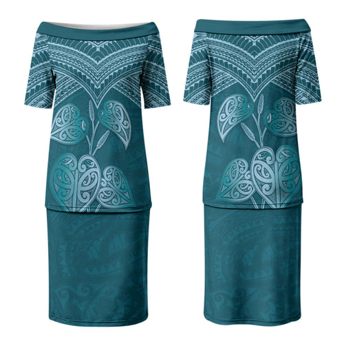 Cyan New Zealand Kawakawa Maori Ngaru Couples Matching Puletasi and Hawaiian Shirt