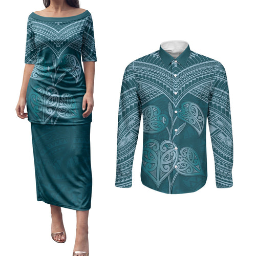 Cyan New Zealand Kawakawa Maori Ngaru Couples Matching Puletasi and Long Sleeve Button Shirt