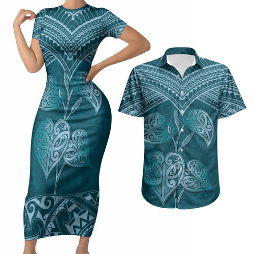 Cyan New Zealand Kawakawa Maori Ngaru Couples Matching Short Sleeve Bodycon Dress and Hawaiian Shirt