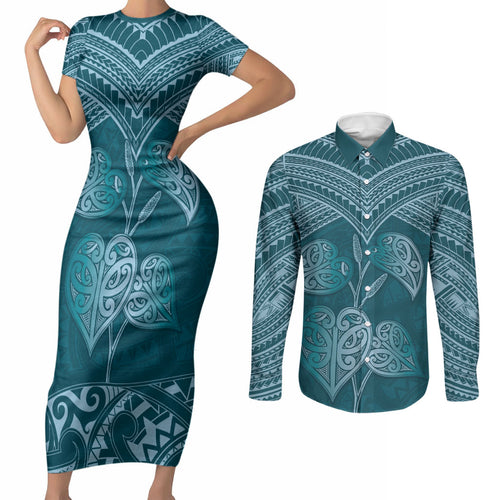 Cyan New Zealand Kawakawa Maori Ngaru Couples Matching Short Sleeve Bodycon Dress and Long Sleeve Button Shirt