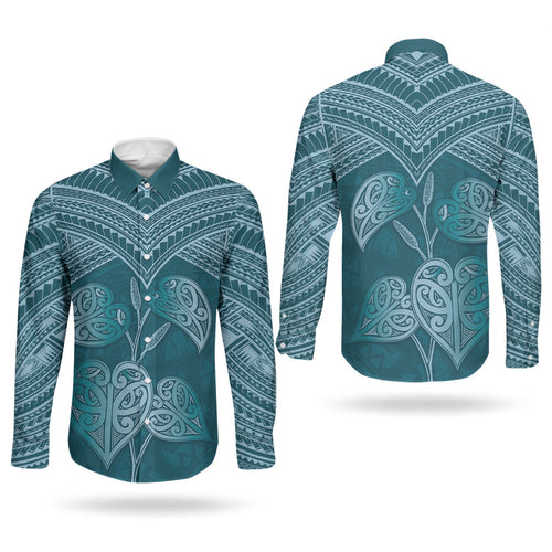 Cyan New Zealand Kawakawa Maori Ngaru Couples Matching Short Sleeve Bodycon Dress and Long Sleeve Button Shirt