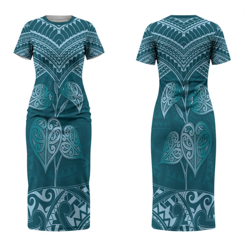 Cyan New Zealand Kawakawa Maori Ngaru Couples Matching Short Sleeve Bodycon Dress and Long Sleeve Button Shirt