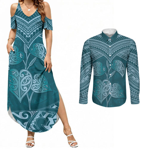 Cyan New Zealand Kawakawa Maori Ngaru Couples Matching Summer Maxi Dress and Long Sleeve Button Shirt