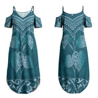 Cyan New Zealand Kawakawa Maori Ngaru Couples Matching Summer Maxi Dress and Long Sleeve Button Shirt