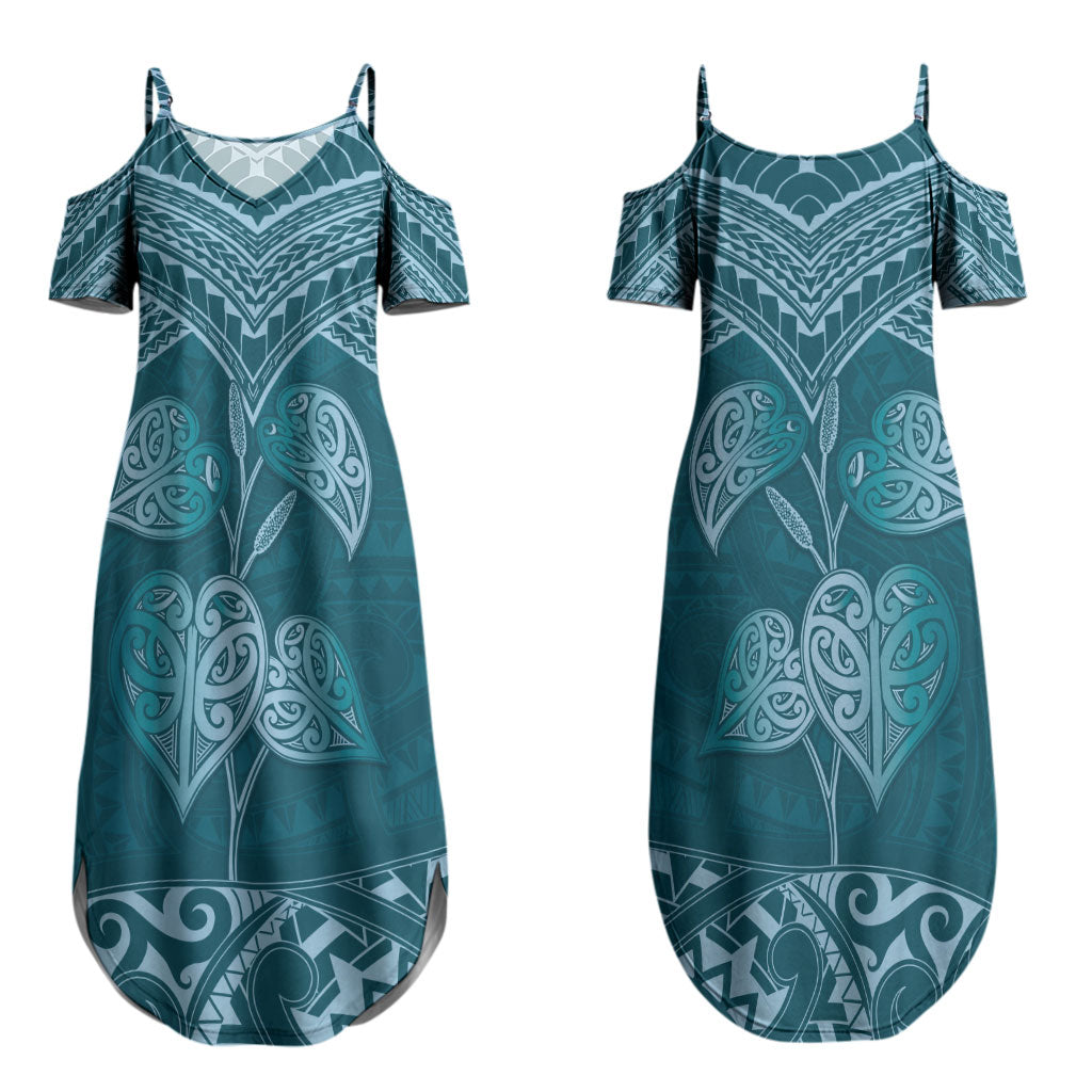 Cyan New Zealand Kawakawa Maori Ngaru Couples Matching Summer Maxi Dress and Long Sleeve Button Shirt