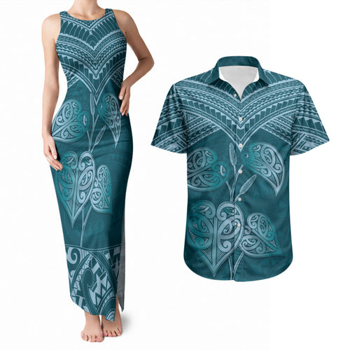 Cyan New Zealand Kawakawa Maori Ngaru Couples Matching Tank Maxi Dress and Hawaiian Shirt