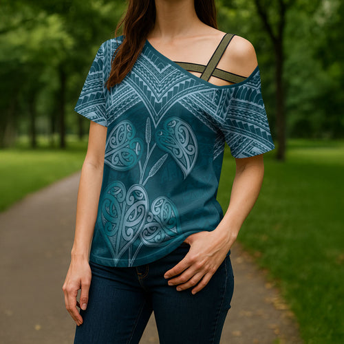 Cyan New Zealand Kawakawa Maori Ngaru Cross Shoulder Shirt