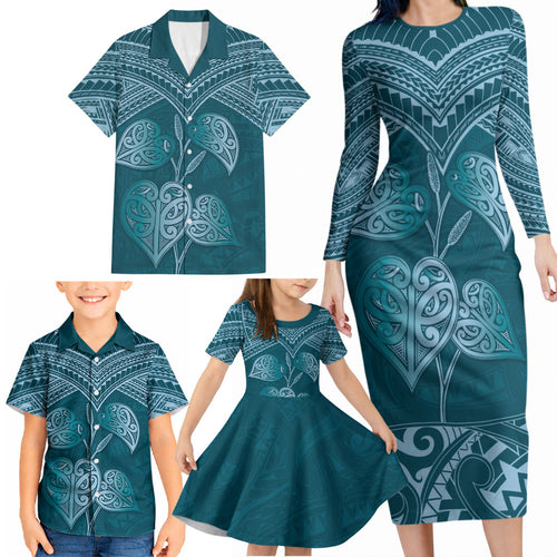 Cyan New Zealand Kawakawa Maori Ngaru Family Matching Long Sleeve Bodycon Dress and Hawaiian Shirt