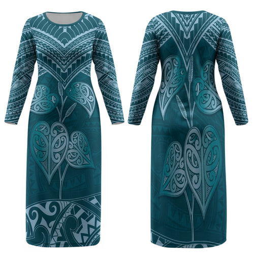 Cyan New Zealand Kawakawa Maori Ngaru Family Matching Long Sleeve Bodycon Dress and Hawaiian Shirt