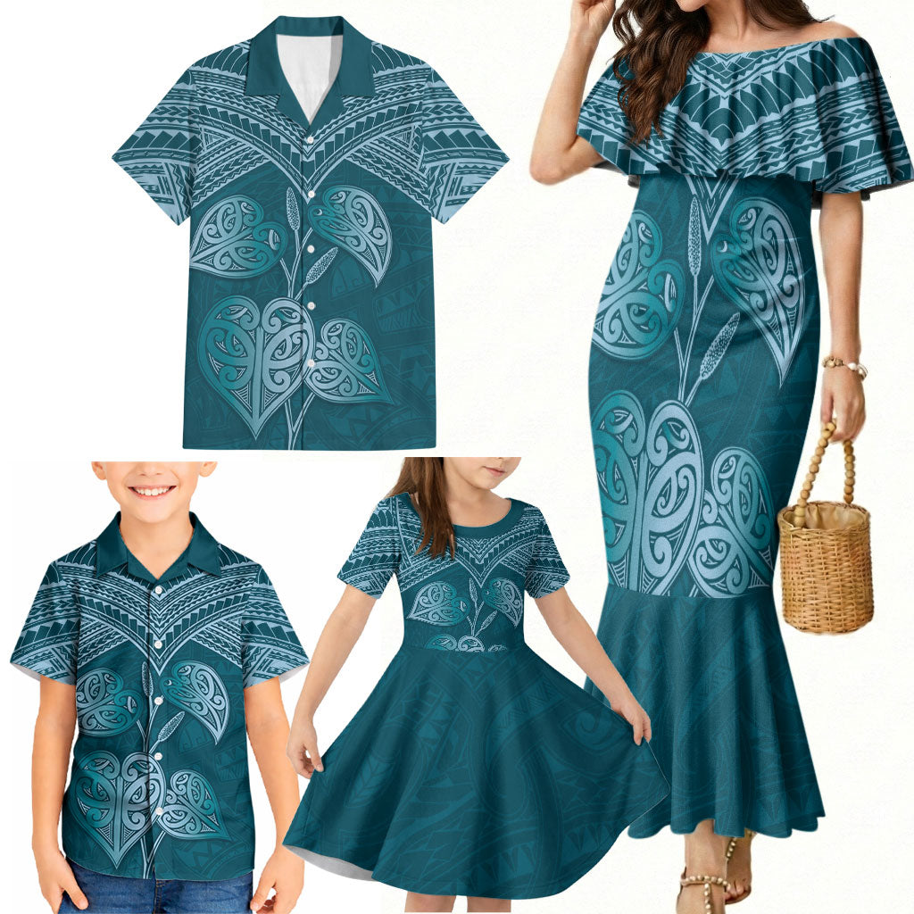 Cyan New Zealand Kawakawa Maori Ngaru Family Matching Mermaid Dress and Hawaiian Shirt
