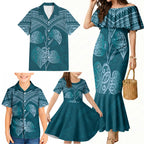 Cyan New Zealand Kawakawa Maori Ngaru Family Matching Mermaid Dress and Hawaiian Shirt