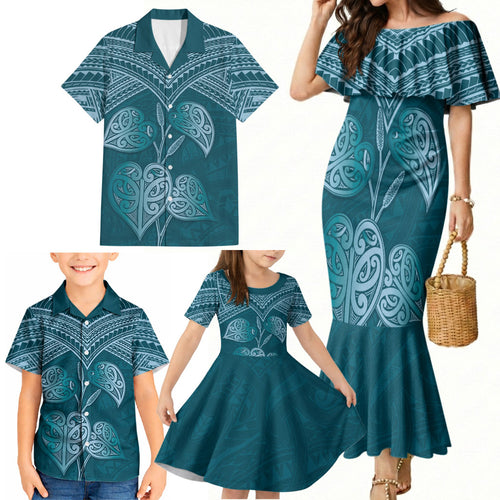 Cyan New Zealand Kawakawa Maori Ngaru Family Matching Mermaid Dress and Hawaiian Shirt