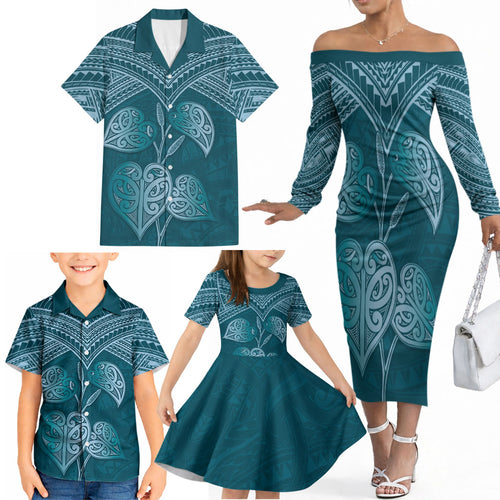 Cyan New Zealand Kawakawa Maori Ngaru Family Matching Off The Shoulder Long Sleeve Dress and Hawaiian Shirt