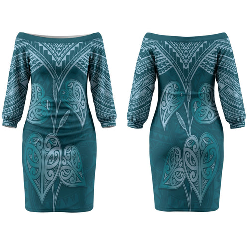 Cyan New Zealand Kawakawa Maori Ngaru Family Matching Off The Shoulder Long Sleeve Dress and Hawaiian Shirt