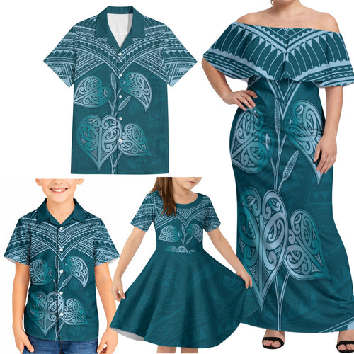 Cyan New Zealand Kawakawa Maori Ngaru Family Matching Off Shoulder Maxi Dress and Hawaiian Shirt