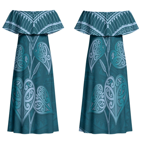 Cyan New Zealand Kawakawa Maori Ngaru Family Matching Off Shoulder Maxi Dress and Hawaiian Shirt