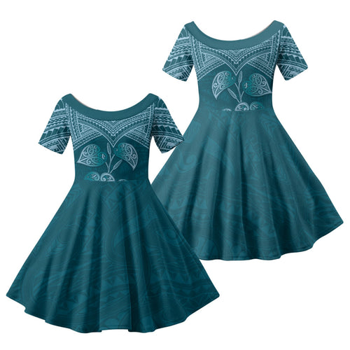 Cyan New Zealand Kawakawa Maori Ngaru Family Matching Off Shoulder Maxi Dress and Hawaiian Shirt