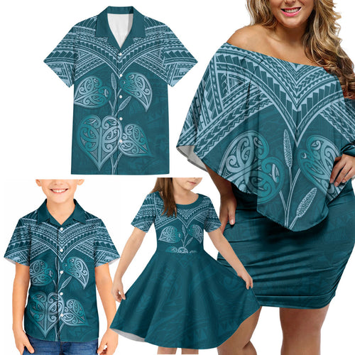 Cyan New Zealand Kawakawa Maori Ngaru Family Matching Off Shoulder Short Dress and Hawaiian Shirt