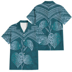 Cyan New Zealand Kawakawa Maori Ngaru Family Matching Off Shoulder Short Dress and Hawaiian Shirt