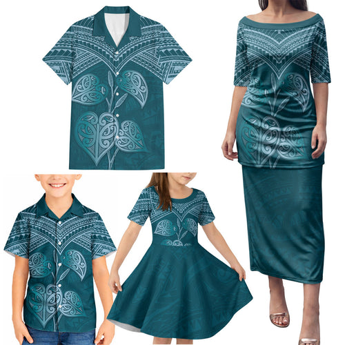 Cyan New Zealand Kawakawa Maori Ngaru Family Matching Puletasi and Hawaiian Shirt