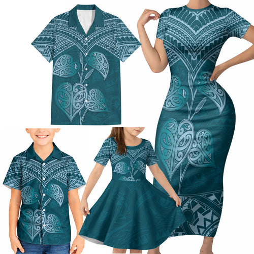 Cyan New Zealand Kawakawa Maori Ngaru Family Matching Short Sleeve Bodycon Dress and Hawaiian Shirt