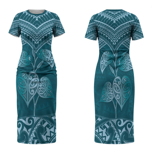 Cyan New Zealand Kawakawa Maori Ngaru Family Matching Short Sleeve Bodycon Dress and Hawaiian Shirt