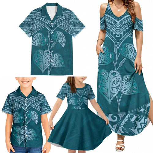 Cyan New Zealand Kawakawa Maori Ngaru Family Matching Summer Maxi Dress and Hawaiian Shirt