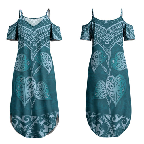 Cyan New Zealand Kawakawa Maori Ngaru Family Matching Summer Maxi Dress and Hawaiian Shirt