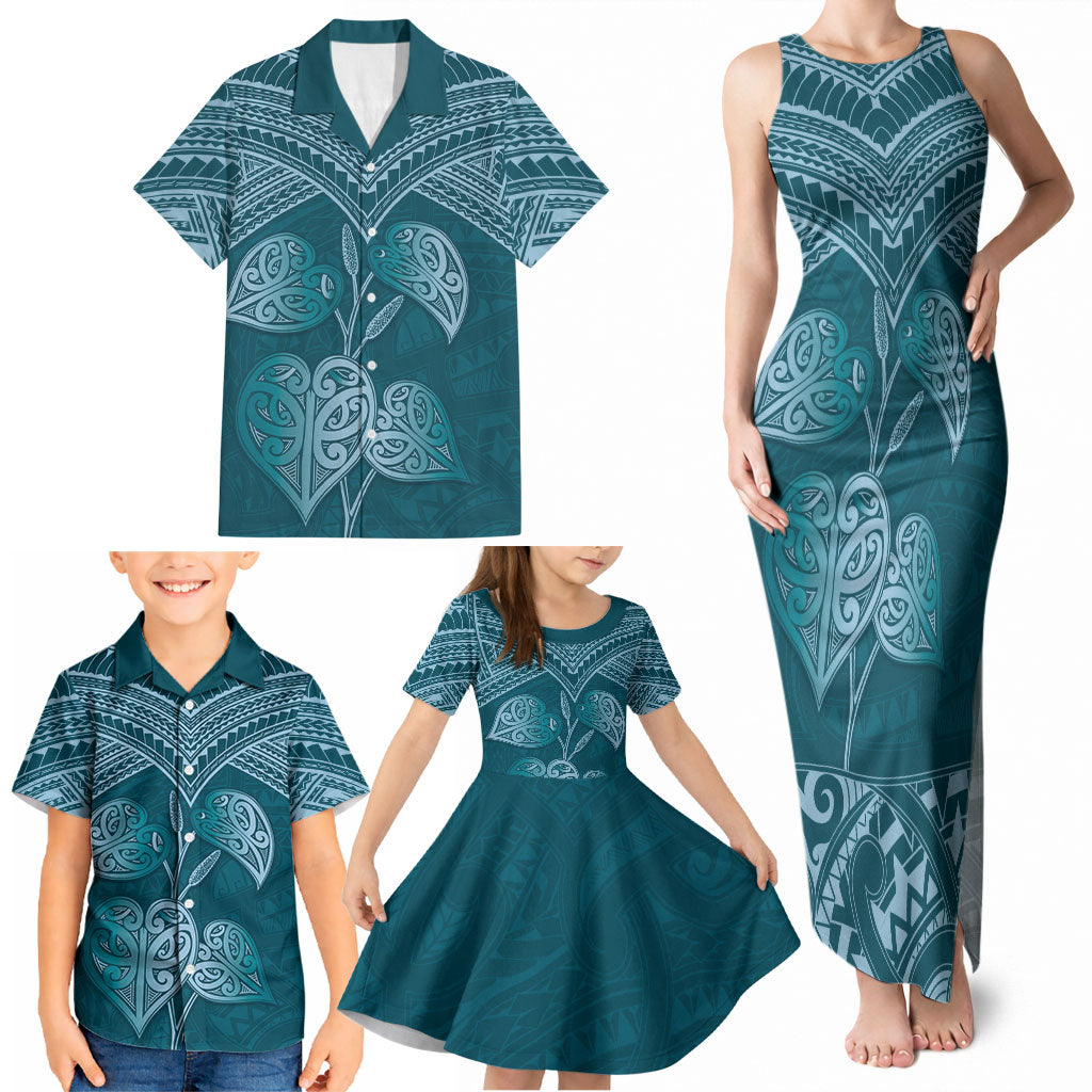 Cyan New Zealand Kawakawa Maori Ngaru Family Matching Tank Maxi Dress and Hawaiian Shirt