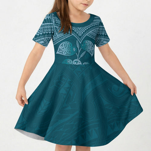 Cyan New Zealand Kawakawa Maori Ngaru Kid Short Sleeve Dress