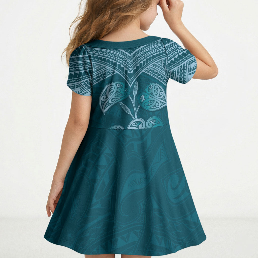 Cyan New Zealand Kawakawa Maori Ngaru Kid Short Sleeve Dress