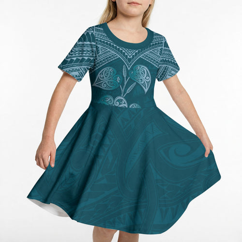 Cyan New Zealand Kawakawa Maori Ngaru Kid Short Sleeve Dress