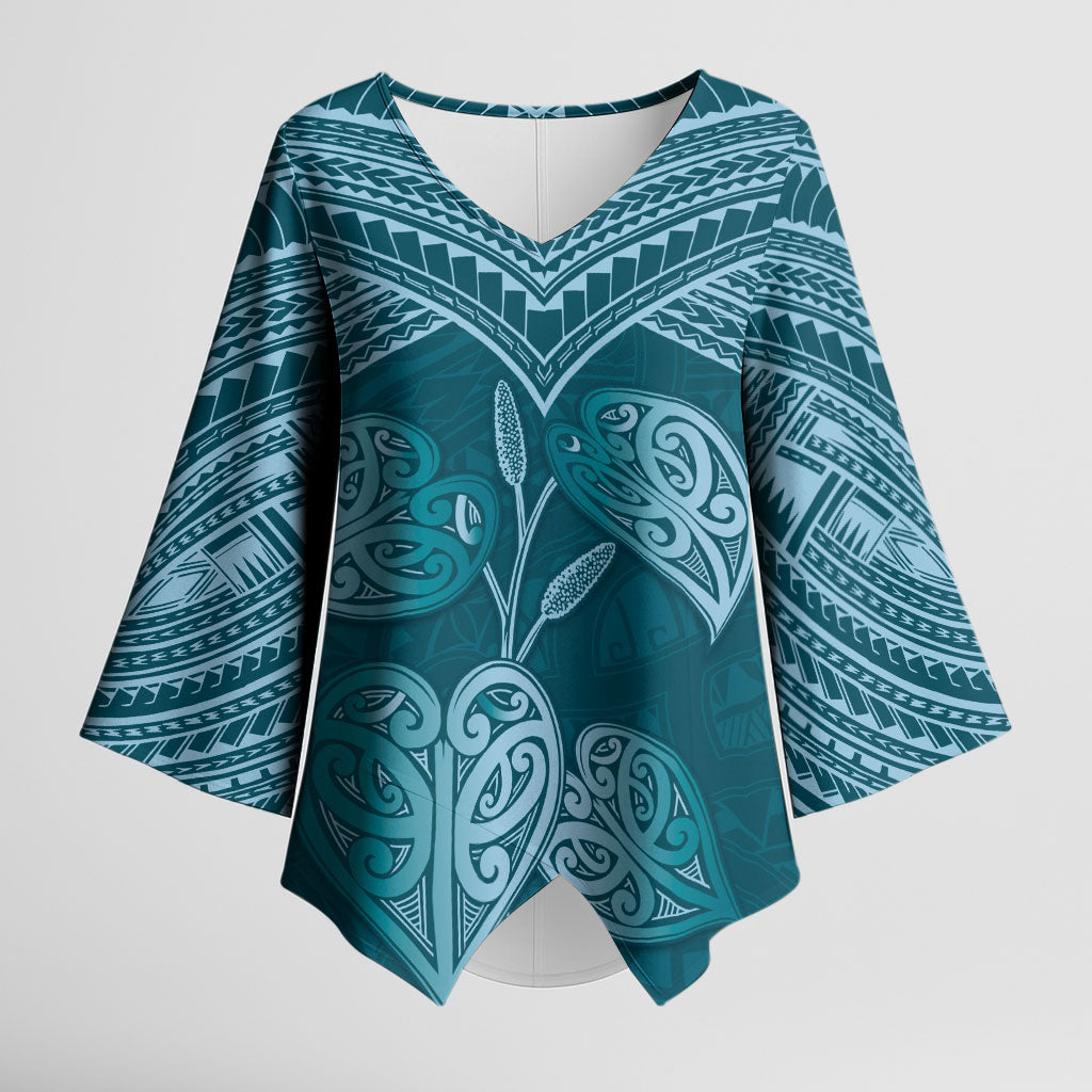 Cyan New Zealand Kawakawa Maori Ngaru Kimono Sleeve Blouse