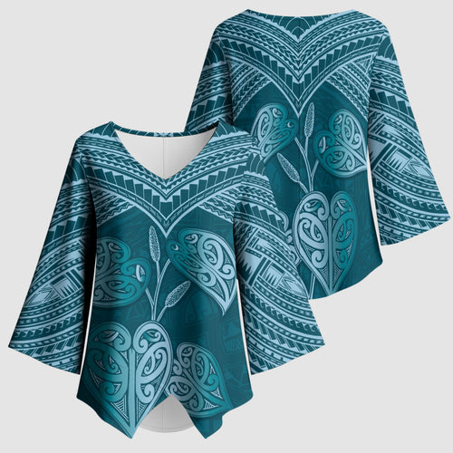 Cyan New Zealand Kawakawa Maori Ngaru Kimono Sleeve Blouse