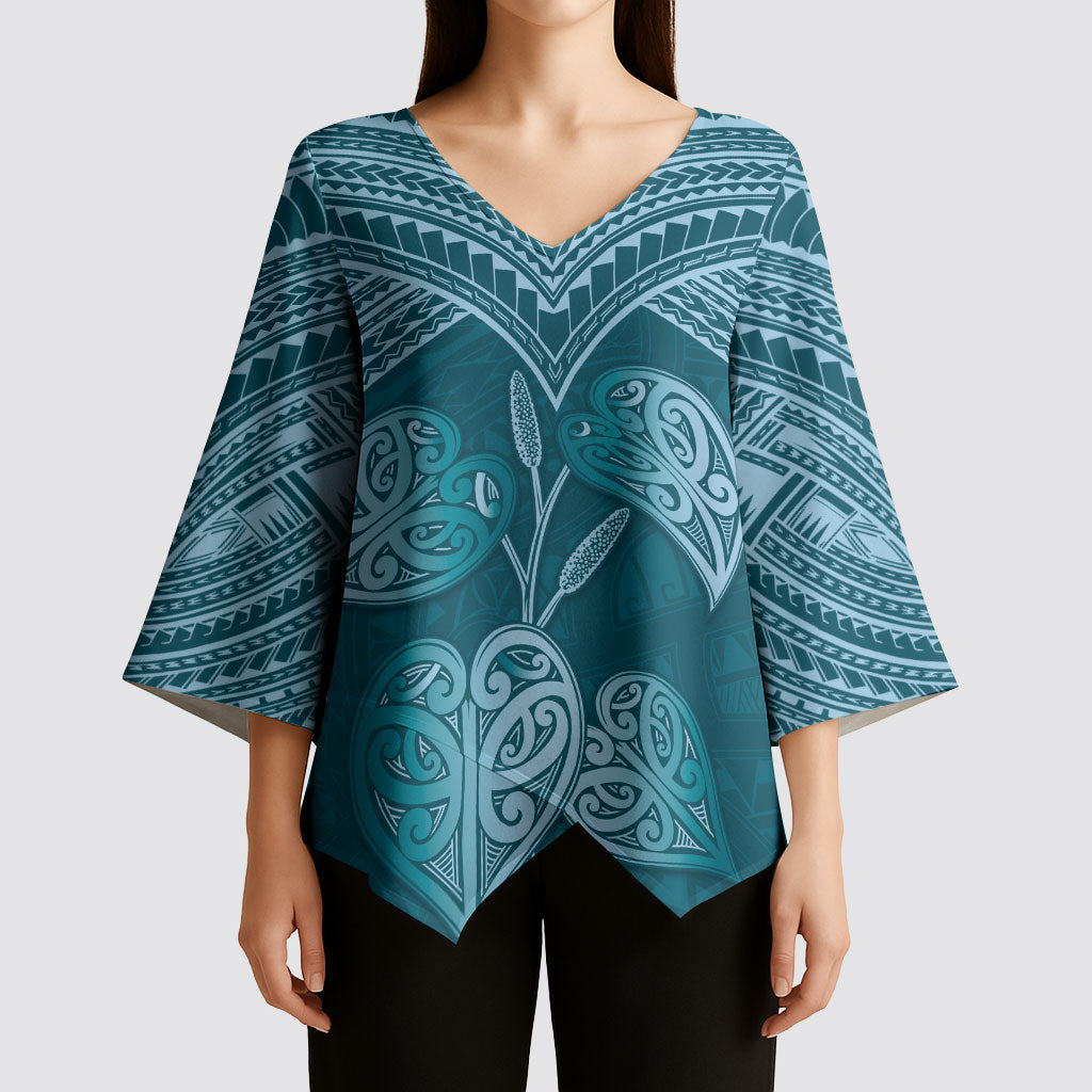 Cyan New Zealand Kawakawa Maori Ngaru Kimono Sleeve Blouse
