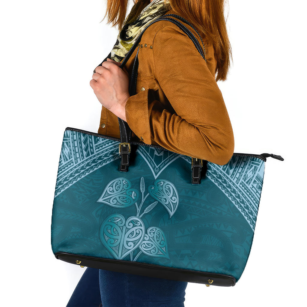 Cyan New Zealand Kawakawa Maori Ngaru Leather Tote Bag
